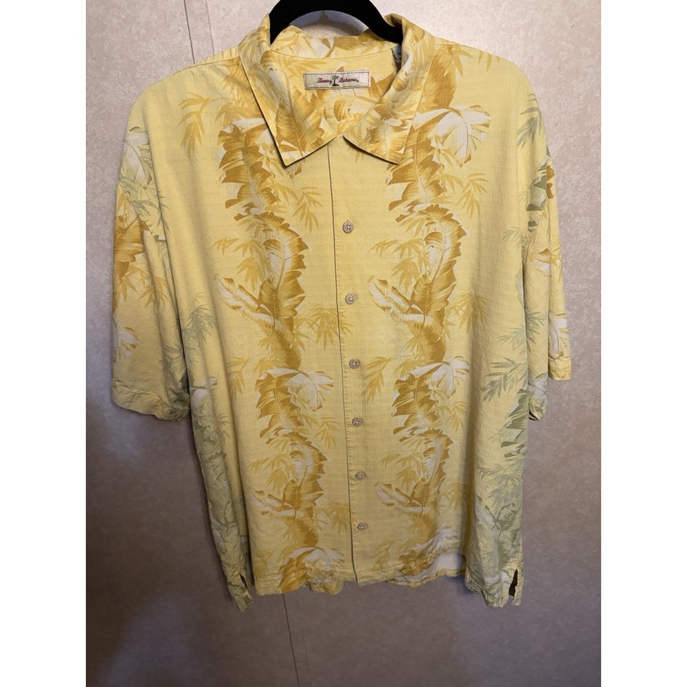 Tommy Bahama Bahamas XL Silk Button Front Hawaiian Aloha Shirt Yellow Palm Leaf